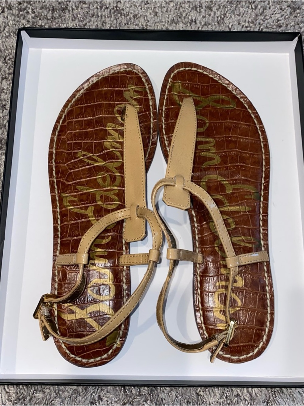 Sam Edelman Gigi Beige and Brown Croc-Embossed T-Strap Sandals